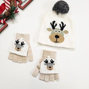 Kid's Reindeer Cold Weather Beanie and Glove Set/ 2PC